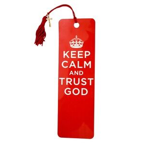 Vintage Y2K "Keep Calm Trust God" Bookmark gold Cross red tassel Antioch NBM2097
